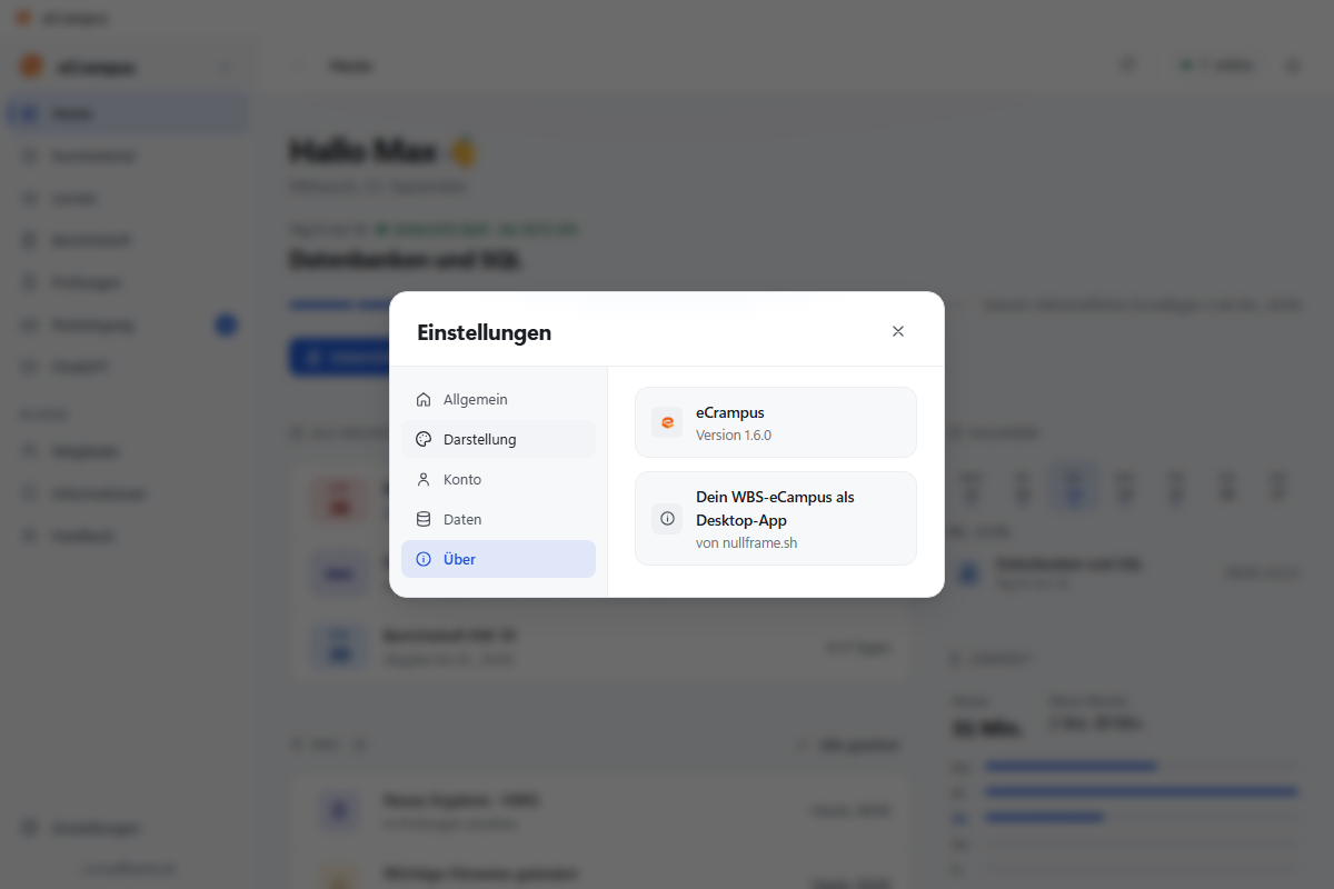eCrampus Arbeitsbereich: Vollständige Ansicht nach Login mit Sidebar und Hauptinhalt
